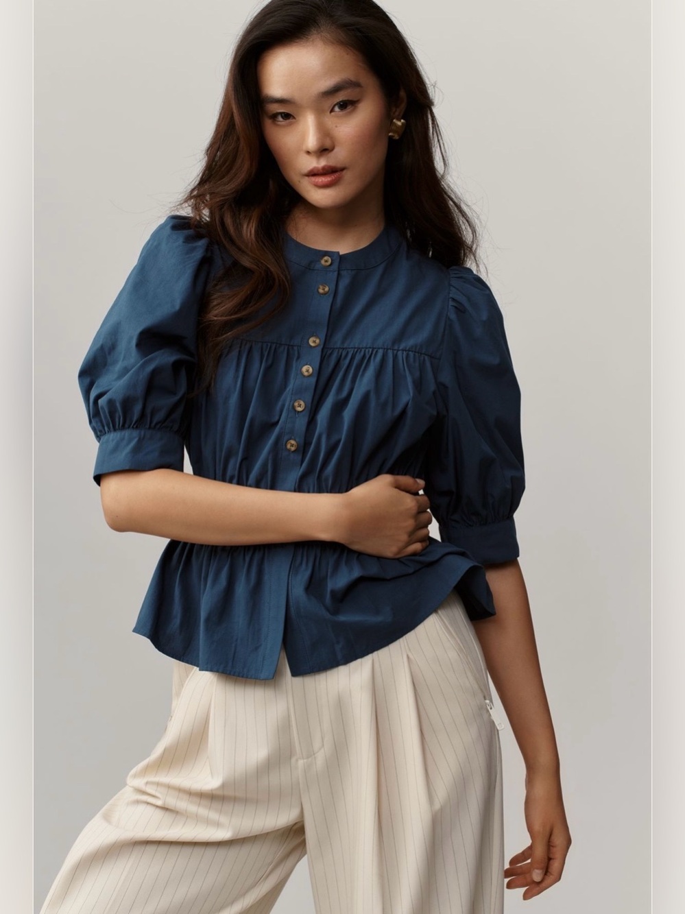 Maeve Puff-Sleeve Buttondown Top